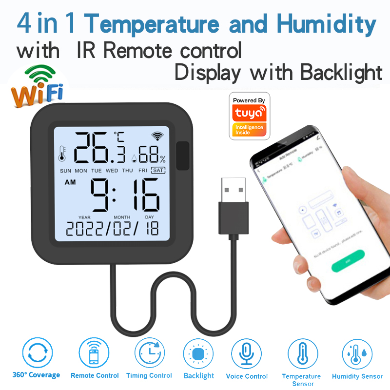 3in1 Tuya WiFi Temperature Humidity Monitor Non-contact Backlight, Wireless Temperature Humidity Sensor & IR Intelligent Remote Control, Compatible Alexa and Google Home 