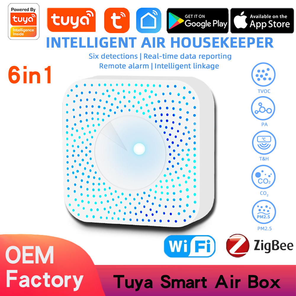 Tuya Zigbee WiFi Air Quality Sensor Monitor Smart Air Box PM2.5 CO2 Meter Formaldehyde VOC Temperature Humidity Sensor (6 in 1)