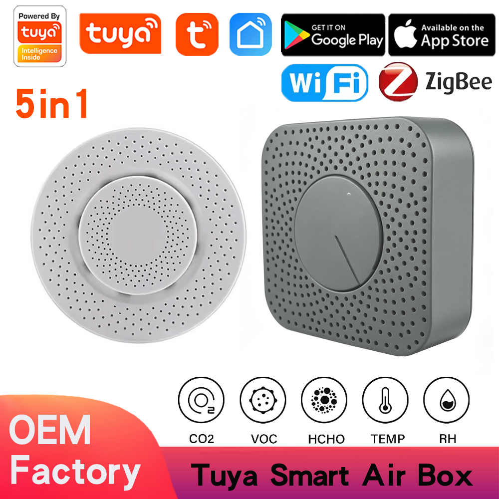 Tuya Smart Home WiFi Zigbee Air Quality Sensor Monitor Smart Air Box CO2 Meter Formaldehyde TVOC Temperature Humidity Sensor (5 in 1) ﻿