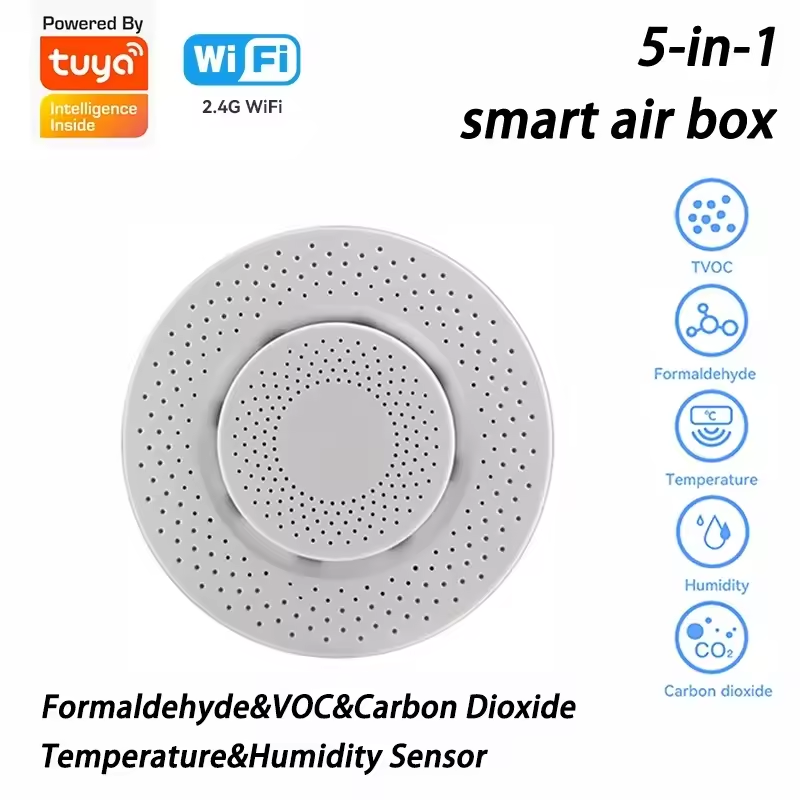 Tuya Smart Home WiFi Zigbee Air Quality Sensor Monitor Smart Air Box CO2 Meter Formaldehyde TVOC Temperature Humidity Sensor (5 in 1) ﻿