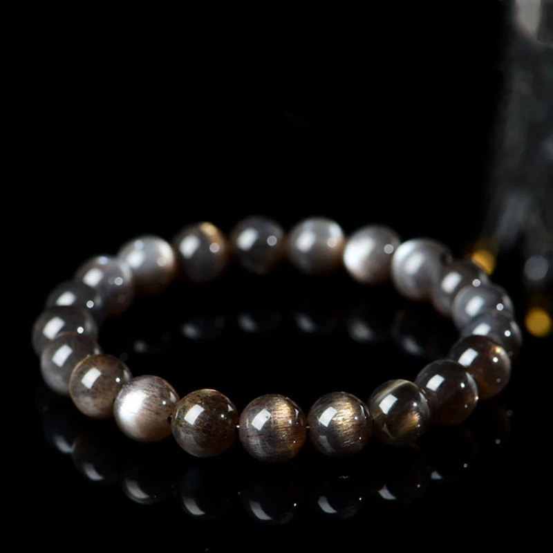 Natural Black Gold Backbone Round Bead Crystal Black Yellow Moonstone Single Loop Bracelet