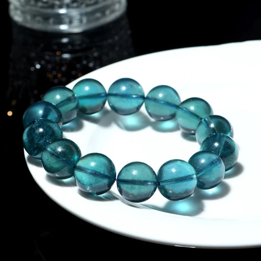 Natural Brazilian Old Mine Devil Blue and Green Aquamarine Round Bead Bracelet 