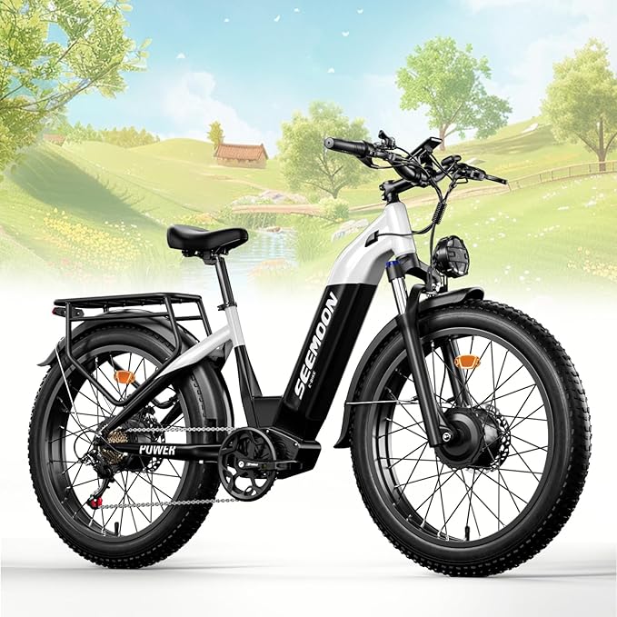 Seemoon Electric Bike, 52V 23Ah Dual Motors Peak 3000W 26" Fat Tire Ebike for Adult, 32-36 mph & 35-105 Miles Hydraulic Brakes Step-Through Electric Bicycle for Comute, Off Road Mountain Snow E Bike