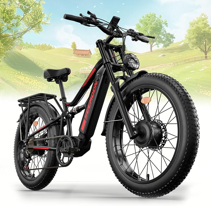 Seemoon Electric Bike,52V 19/21Ah Peak 1500W/3000W Dual Motor 26" Fat Tire Ebike for Adult,Max 32-36 mph & 30-100 Miles Full Suspension,Hydraulic Brakes Mountain,E Bicycle for Men