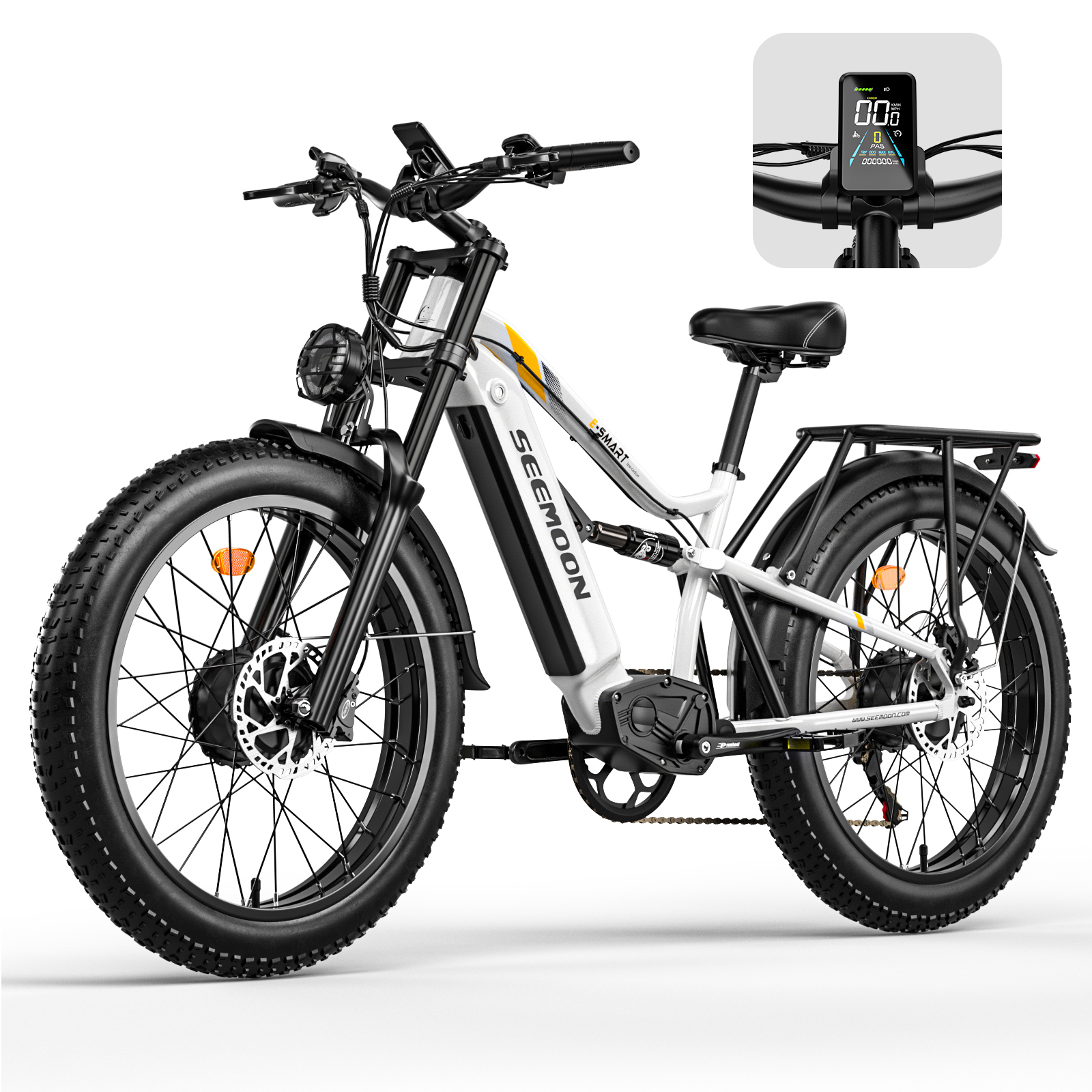 Seemoon Electric Bike,52V 20Ah Peak 3000W Dual Motor 26" Fat Tire Ebike for Adult,Max 32-36 mph & 30-100 Miles Full Suspension,Hydraulic Brakes Mountain,E Bicycle for Men