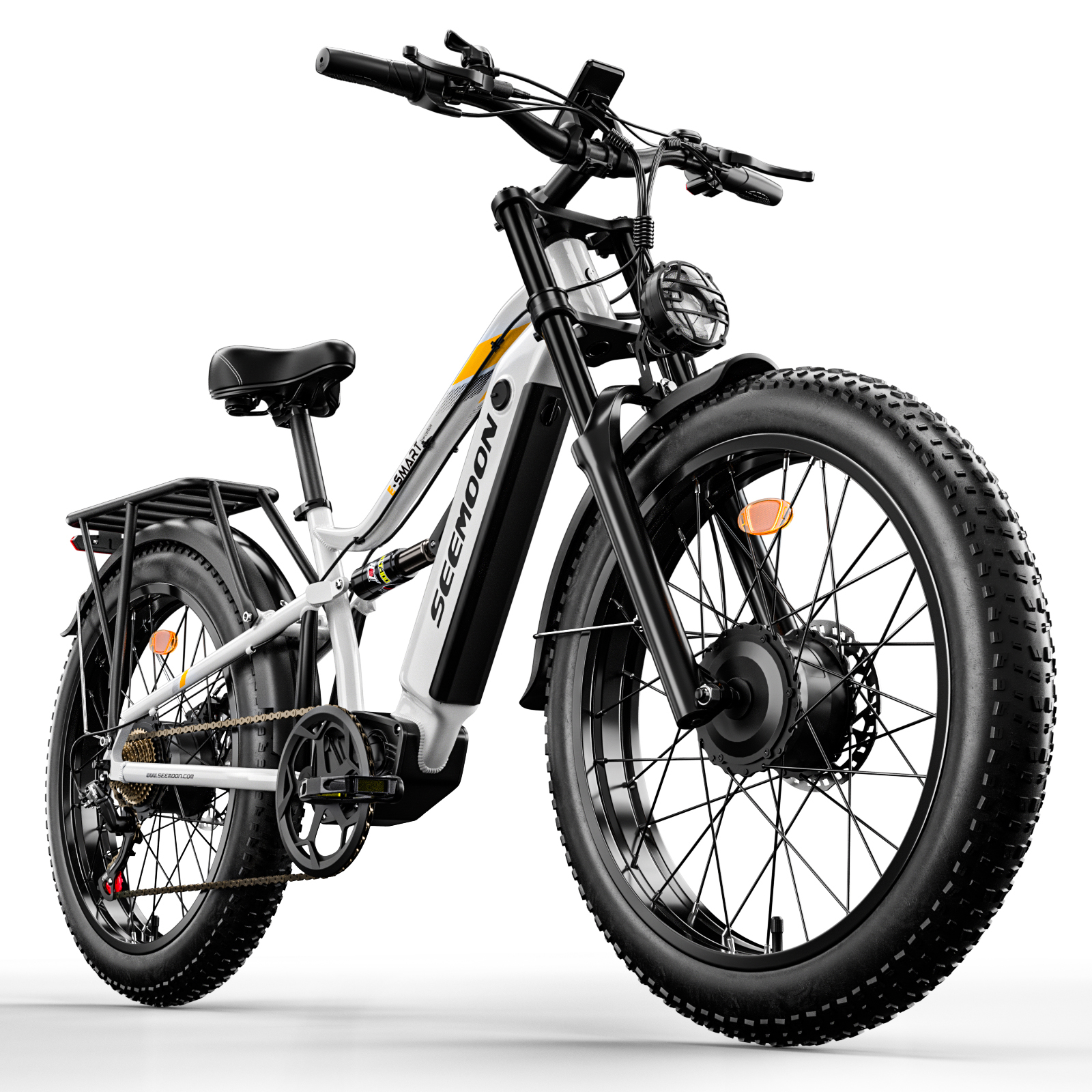 Seemoon Electric Bike,52V 20Ah Peak 3000W Dual Motor 26" Fat Tire Ebike for Adult,Max 32-36 mph & 30-100 Miles Full Suspension,Hydraulic Brakes Mountain,E Bicycle for Men