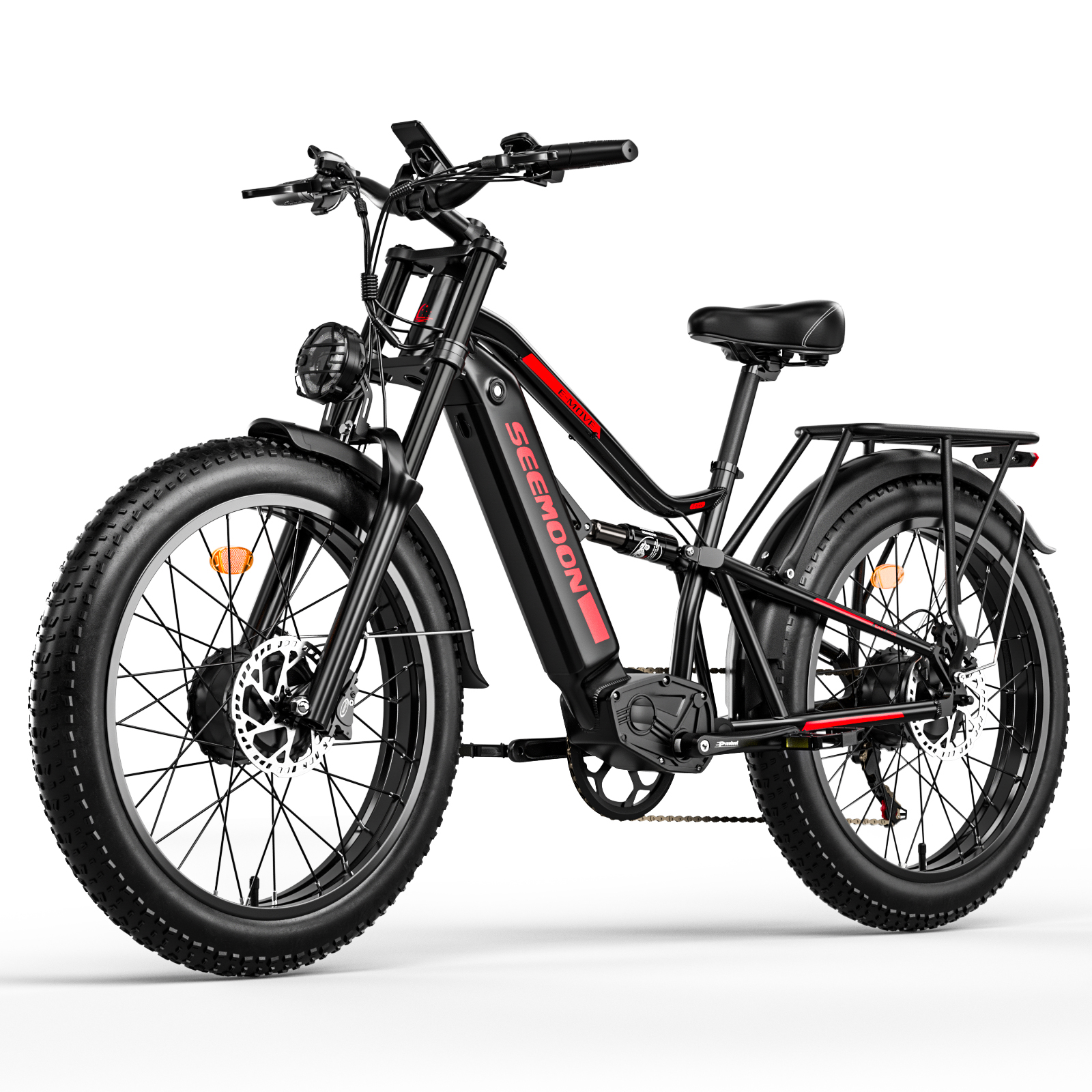 Seemoon Electric Bike,52V 20Ah Peak 3000W 26" Fat Tire Ebike for Adult,Max 32-36 mph & 30-100 Miles Full Suspension,Hydraulic Brakes Mountain,E Bicycle for Men