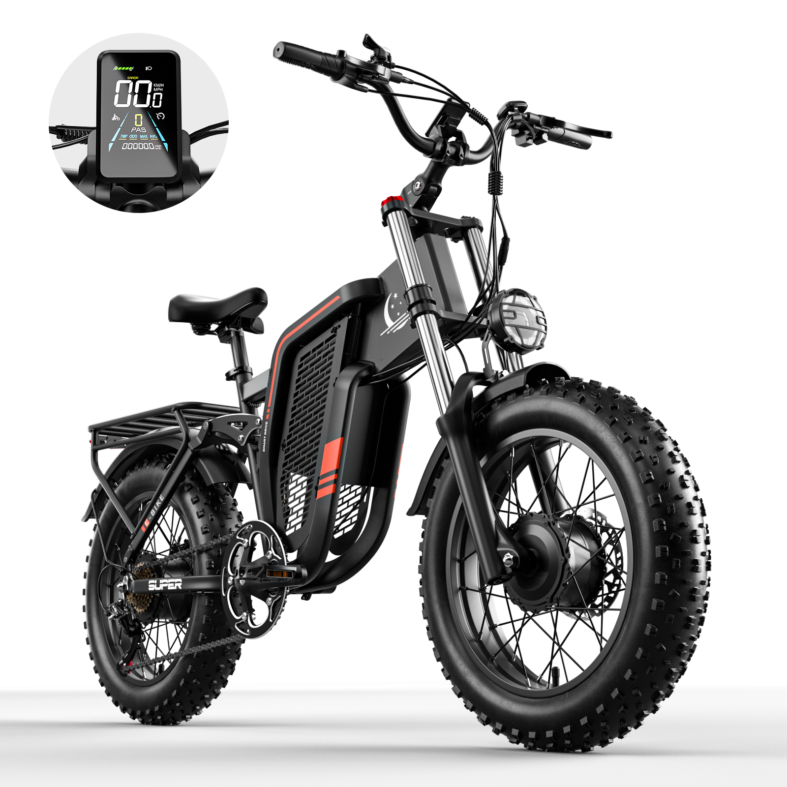 Seemoon Electric Bike,52V 23Ah Peak 3000W Dual Motor 20" Fat Tire Ebike for Adult,Max 32-36 mph & 30-100 Miles Full Suspension,Hydraulic Brakes Mountain,E Bicycle for Men
