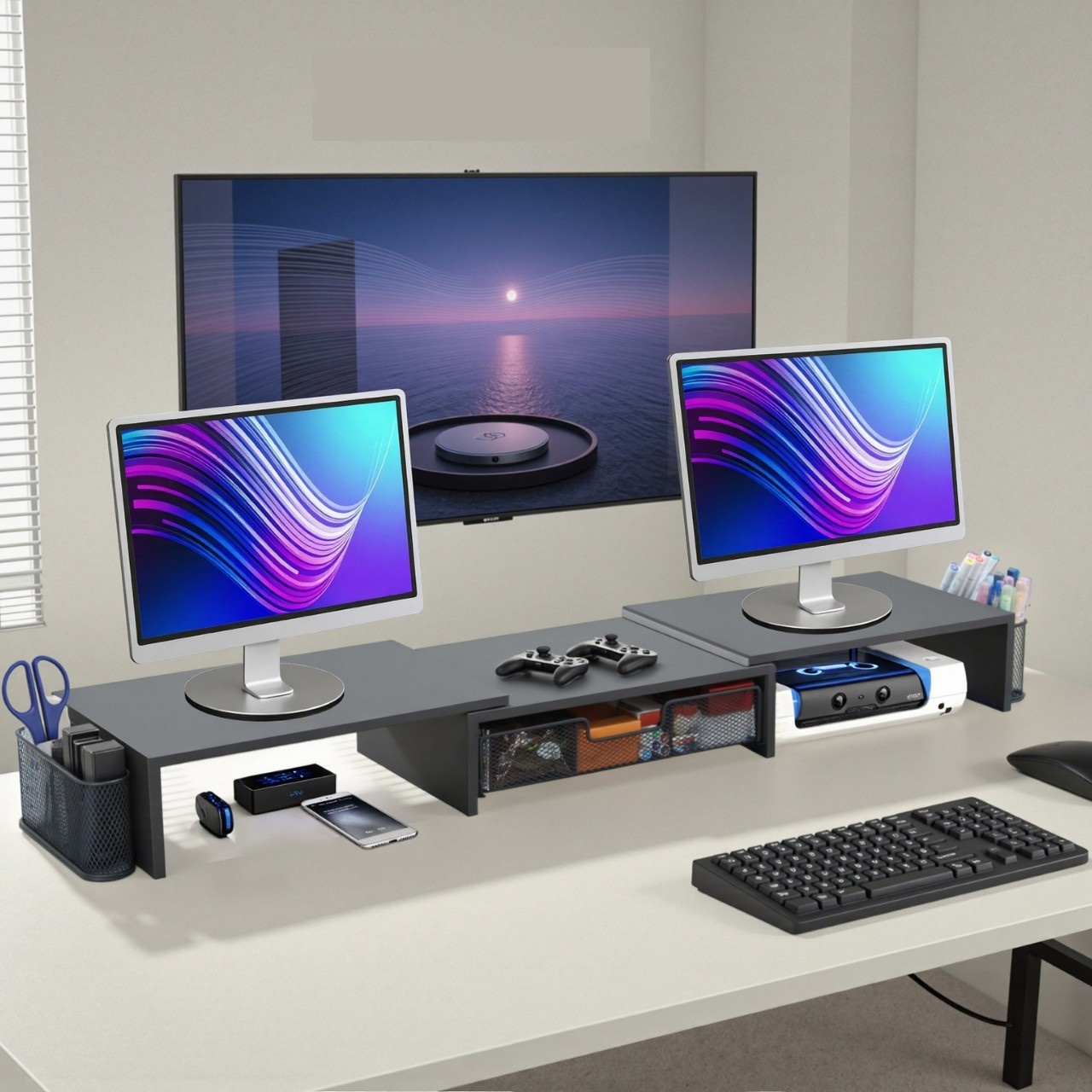 Dual monitor stand, office desk storage rack, computer monitor booster stand, desktop organizer