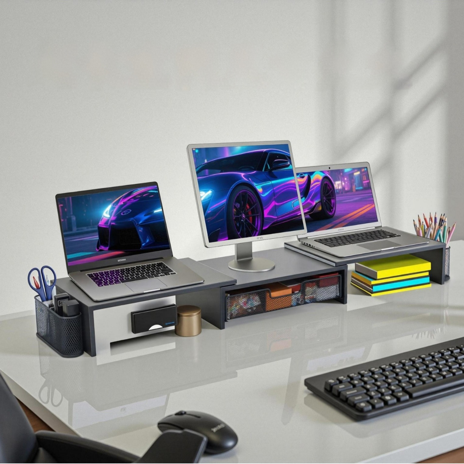 Dual monitor stand, office desk storage rack, computer monitor booster stand, desktop organizer