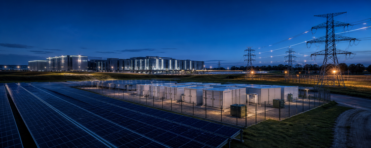 Solar array, battery storage and a high-load facility connected through constrained grid infrastructure