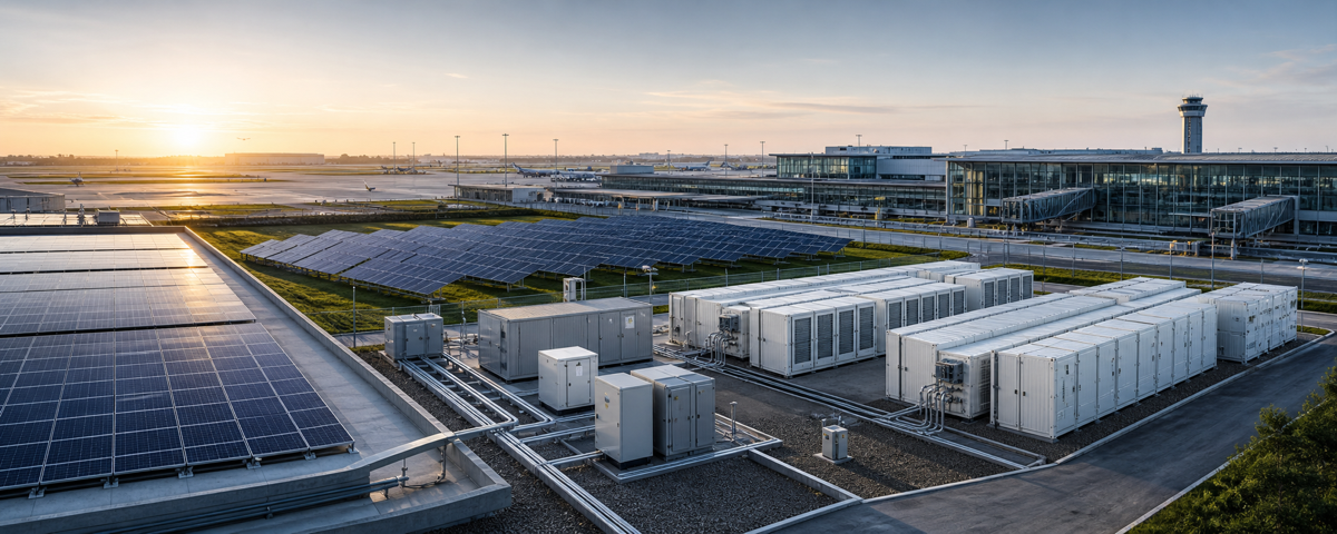 Solar-plus-storage infrastructure supporting a major airport energy campus