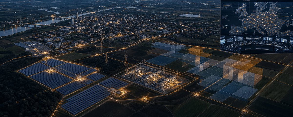 Aerial European solar and grid landscape illustrating policy funding and connection access