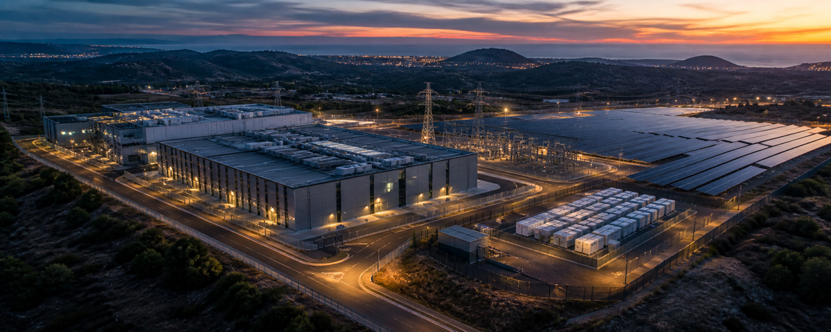 Modern data-center campus connected to solar generation and battery storage