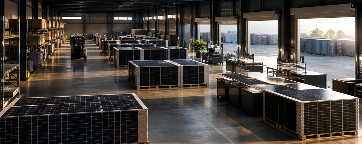 Unbranded photovoltaic module inventory prepared for inspection and European distribution