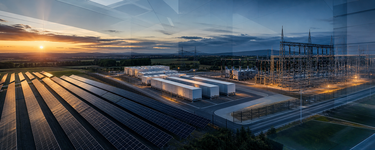 European solar farm, battery storage and substation representing financeable project delivery