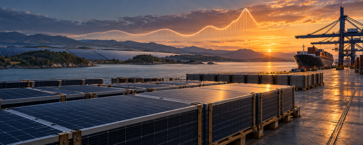Unbranded solar-module logistics beside a solar landscape under a changing market-price curve