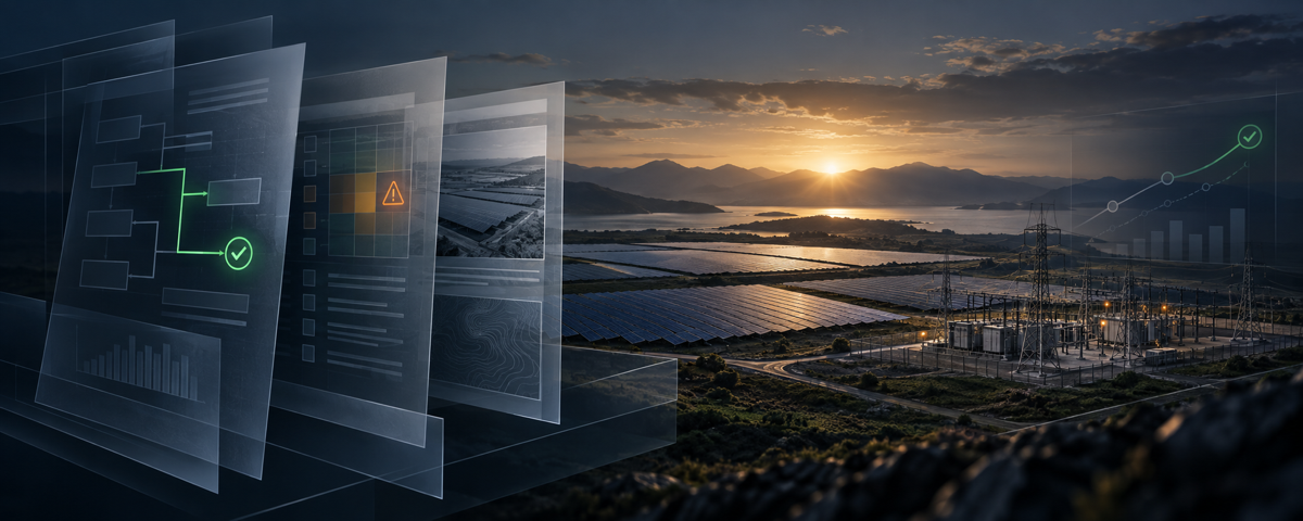 Solar project and grid infrastructure viewed through layered financial due-diligence graphics