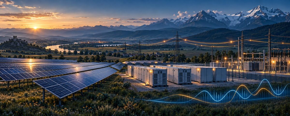 Hybrid solar, battery storage and grid infrastructure across a resilient European landscape