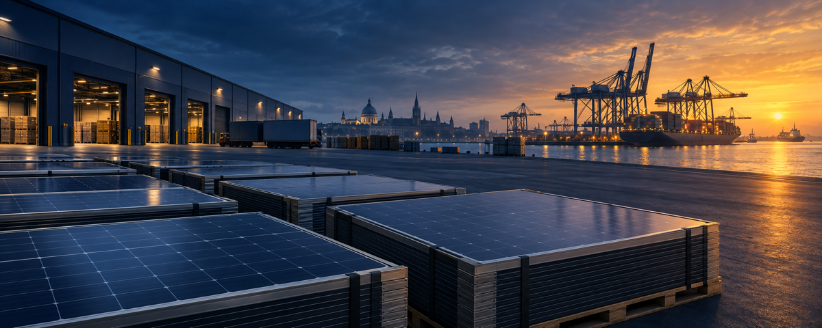 Solar module inventory at a European logistics hub