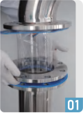 Positioning the round flange polyurethane flexible connector between equipment pipes