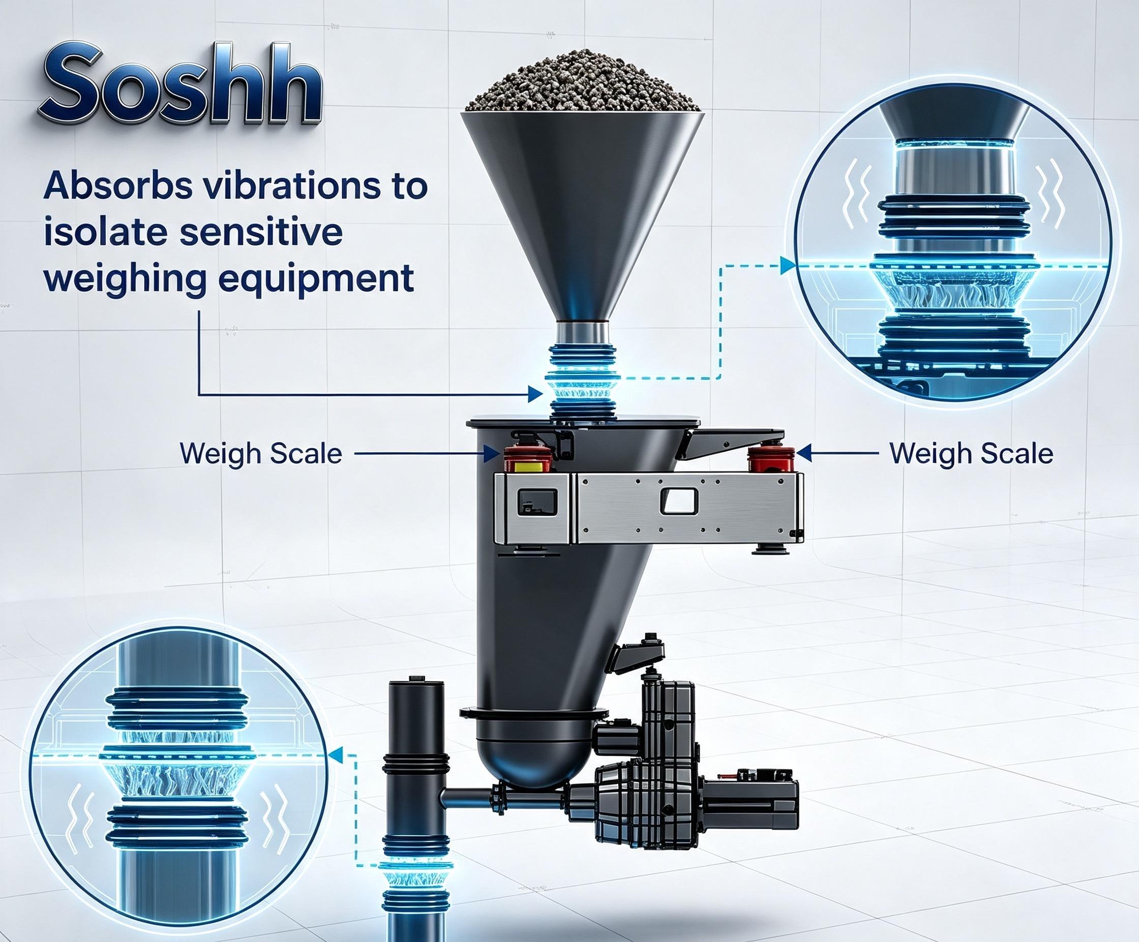 Soshh flexible connector application diagram for loss-in-weight feeder demonstrating vibration isolation for weigh scales