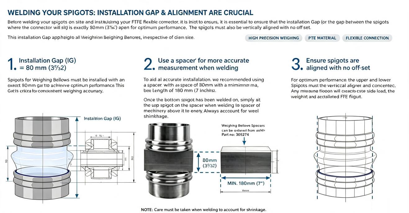 Technical installation diagram showing 80mm gap, spacer measurement, and spigot alignment for precision weighing accuracy