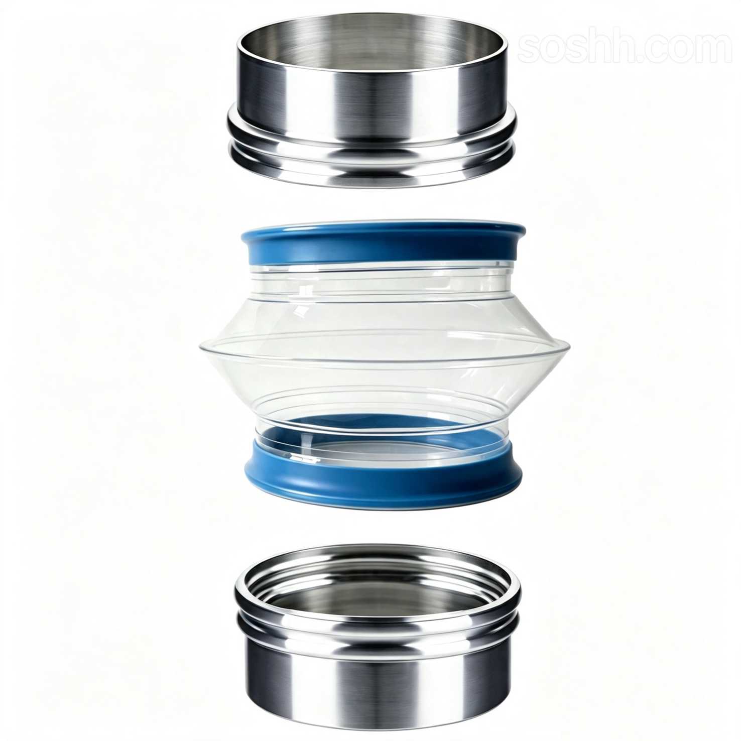 SOSHH SF-ClearFlex transparent TPU flexible sleeve with stainless steel spigots exploded assembly view