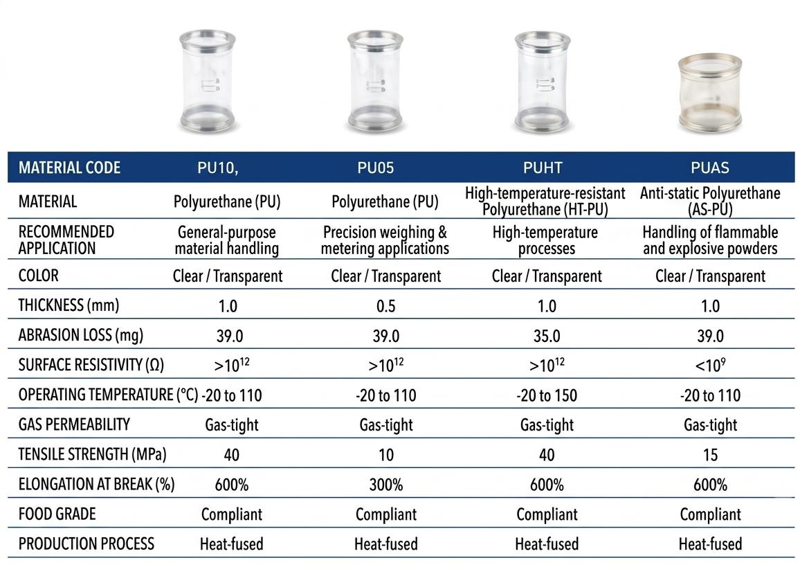SOSHH Tri-Clamp flexible PU connector material matrix showing PU10, PU05, PUHT, and PUAS specifications