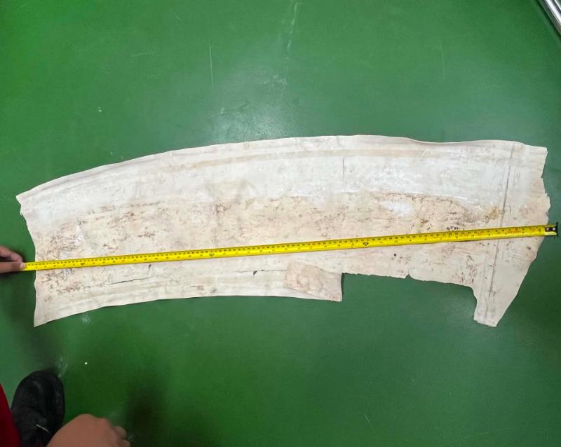 Measuring worn-out traditional canvas sleeve on plant floor for custom SOSHH PU flexible connector retrofit