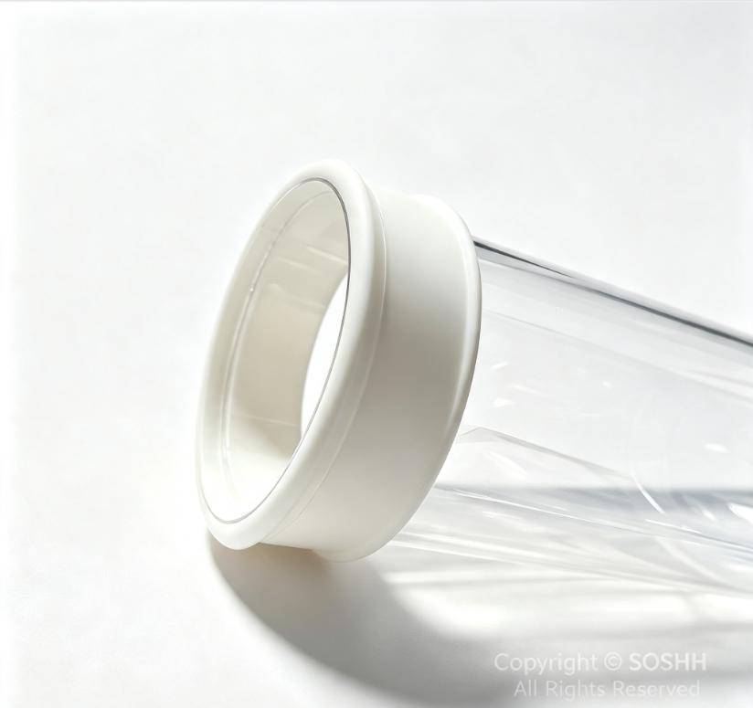 Close-up detail of SOSHH snap-in hygienic cuff and integrated sealing band for dust-tight pipeline connection