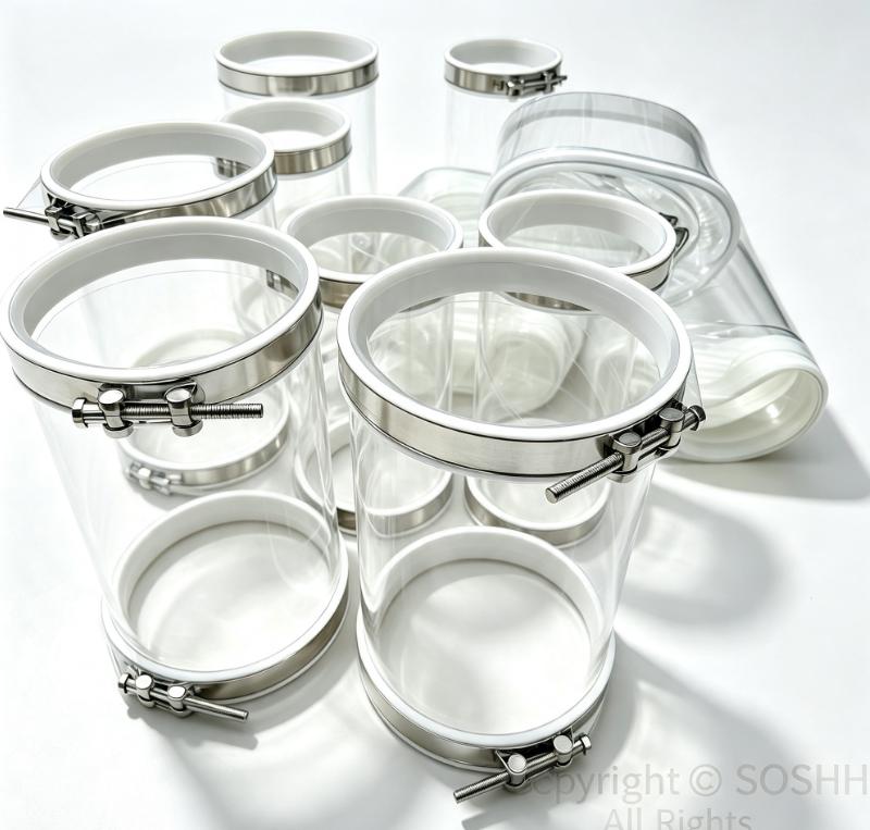 Bulk supply of SOSHH transparent PU flexible connectors equipped with stainless steel heavy duty band clamps