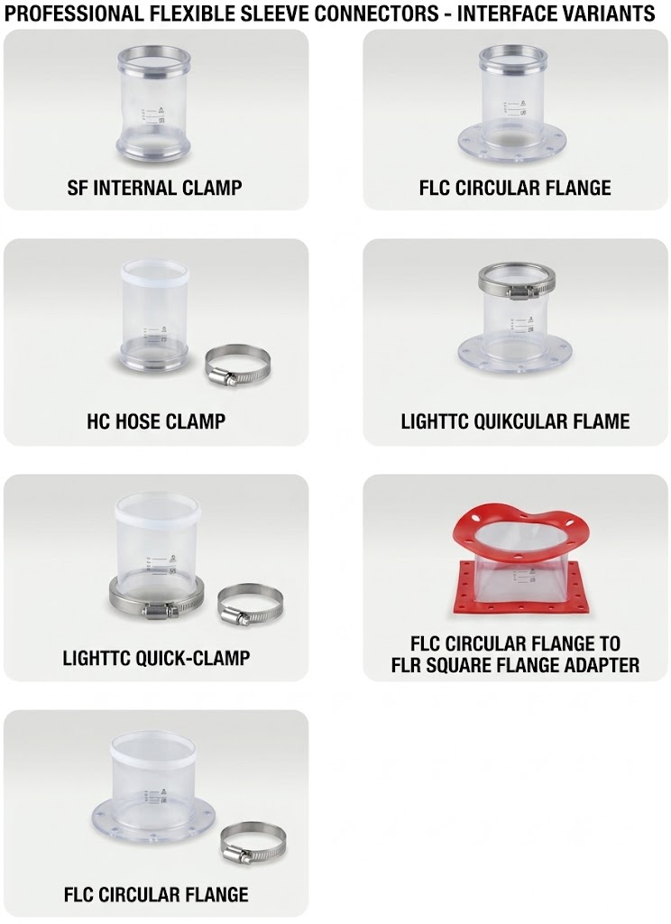 SOSHH custom engineered non-standard polyurethane flexible connectors including square-to-round adapters and offset eccentric reducers