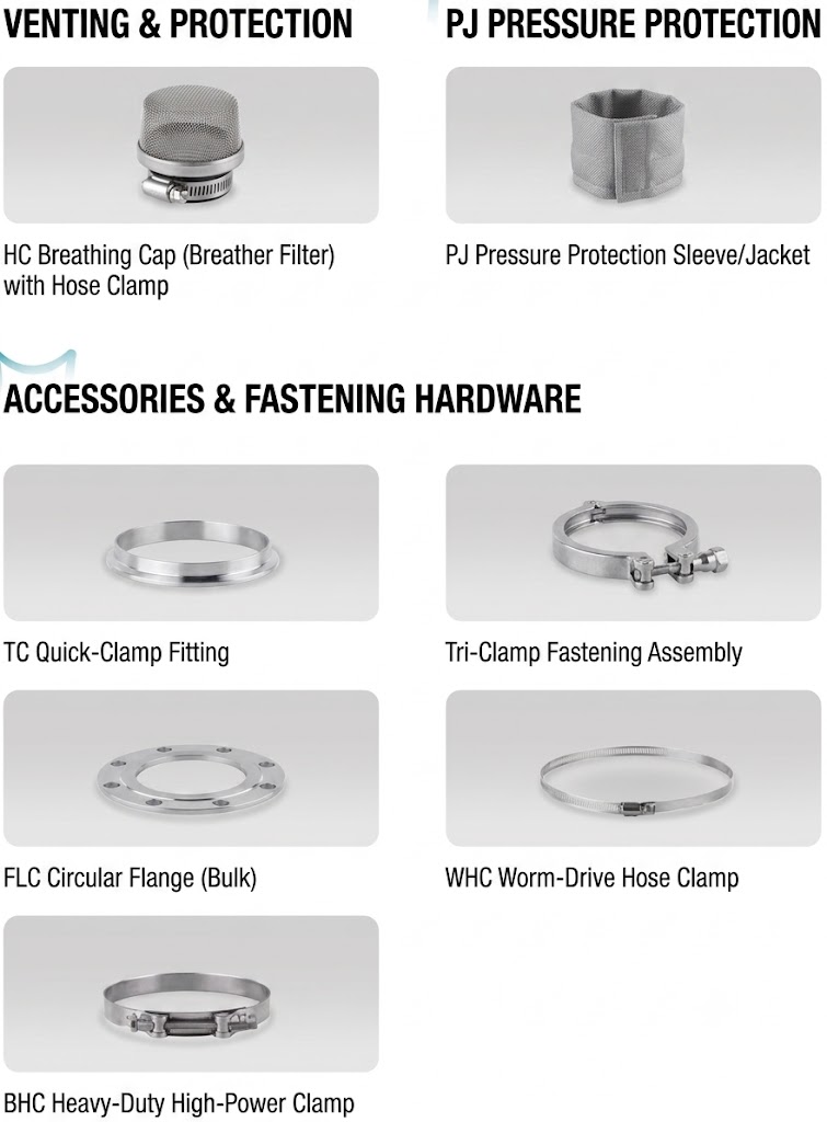 SOSHH square and rectangular flange flexible polyurethane connector features, connection diagram, and material specification matrix