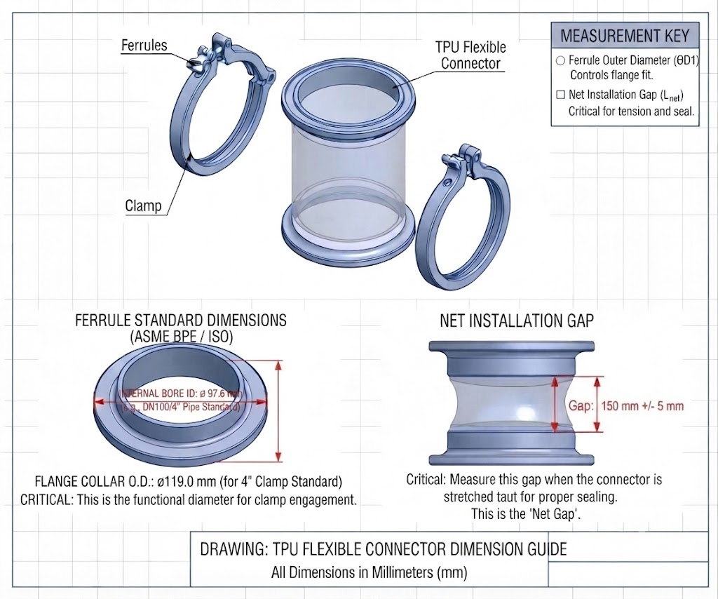 3D CAD measurement guide showing how to measure outer diameter and net gap for TPU connectors