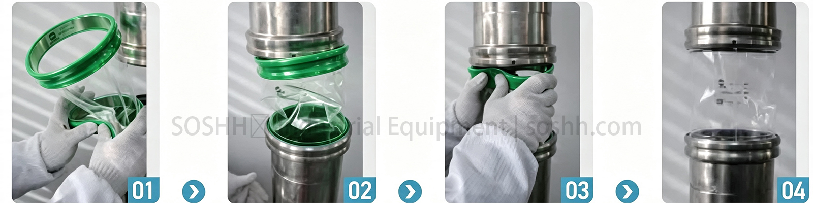 SOSHH drop-in replacement snap-in polyurethane sleeve being installed by hand into standard grooved spigot