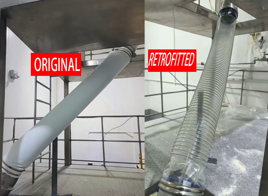  Before and after installation comparison of stiff canvas sleeve vs transparent TPU weighing bellows on gravimetric feeder