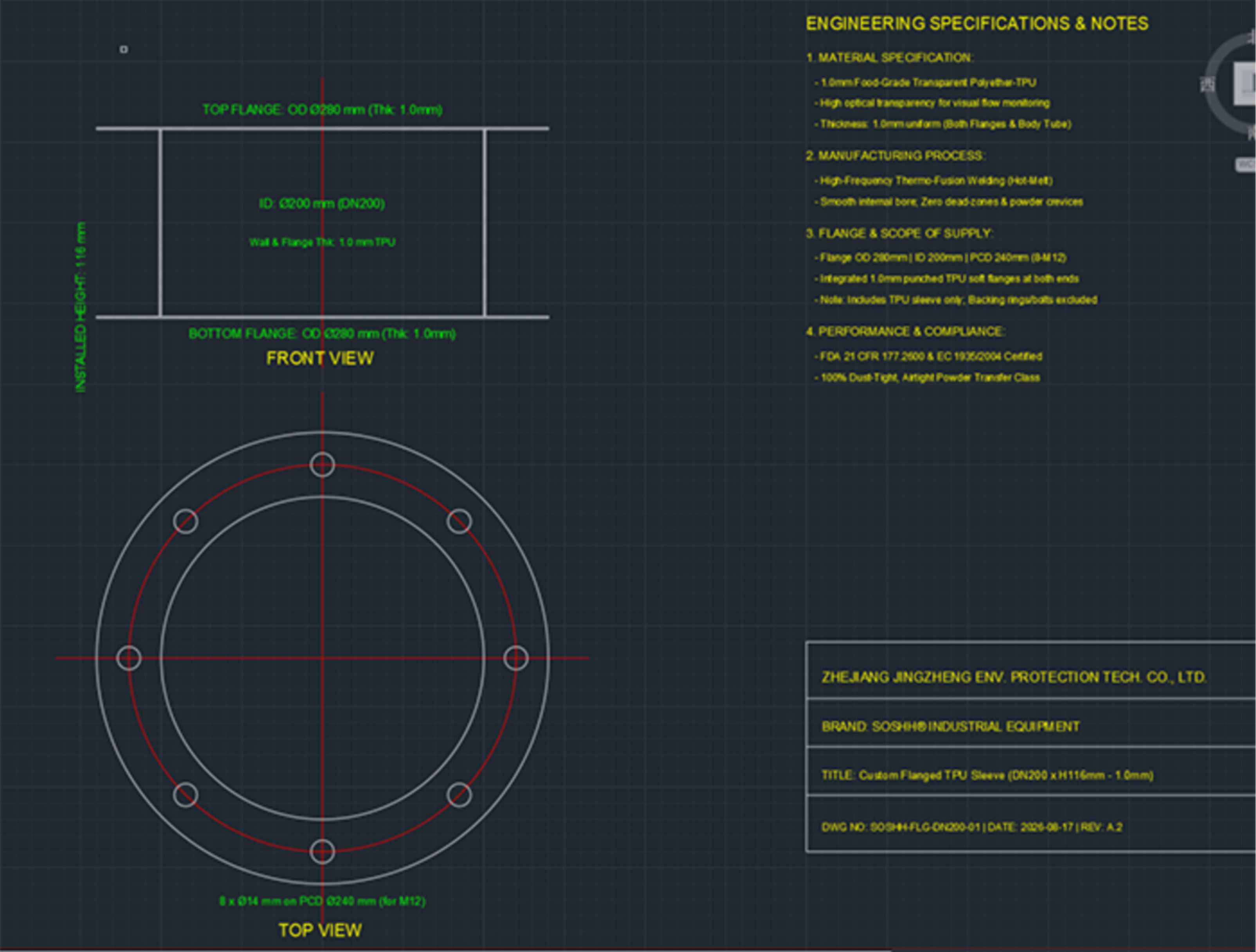  CAD blueprint drawing SOSHH-FLG-DN200-01 showing front and top flange views with technical