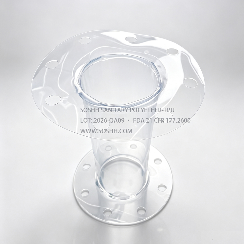 Food-grade polyether TPU conical transition sleeve with custom pre-punched bolt hole circle flanges