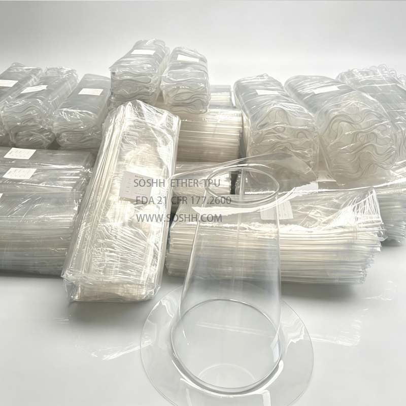 SOSHH batch production and cleanroom PE packaging for custom straight and conical TPU flexible sleeves ready for export dispatch