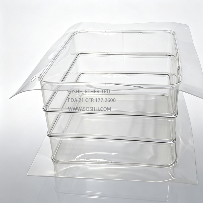 SOSHH multi-convolution rectangular TPU expansion bellows with flanged rims for large axial stroke and vertical movement on bulk bag unloaders
