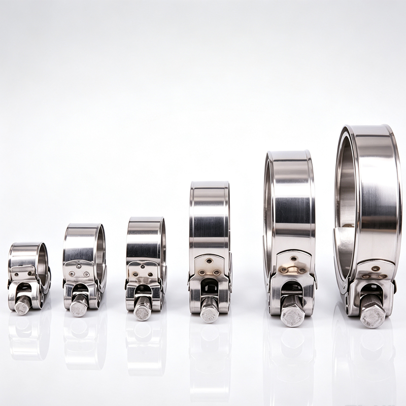 SOSHH heavy-duty 304 stainless steel T-bolt clamps range from 17mm to 265mm for industrial powder chutes