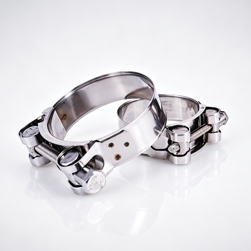 Precision welded 304 stainless steel T-bolt clamp with smooth flanged edges to prevent sleeve tearing
