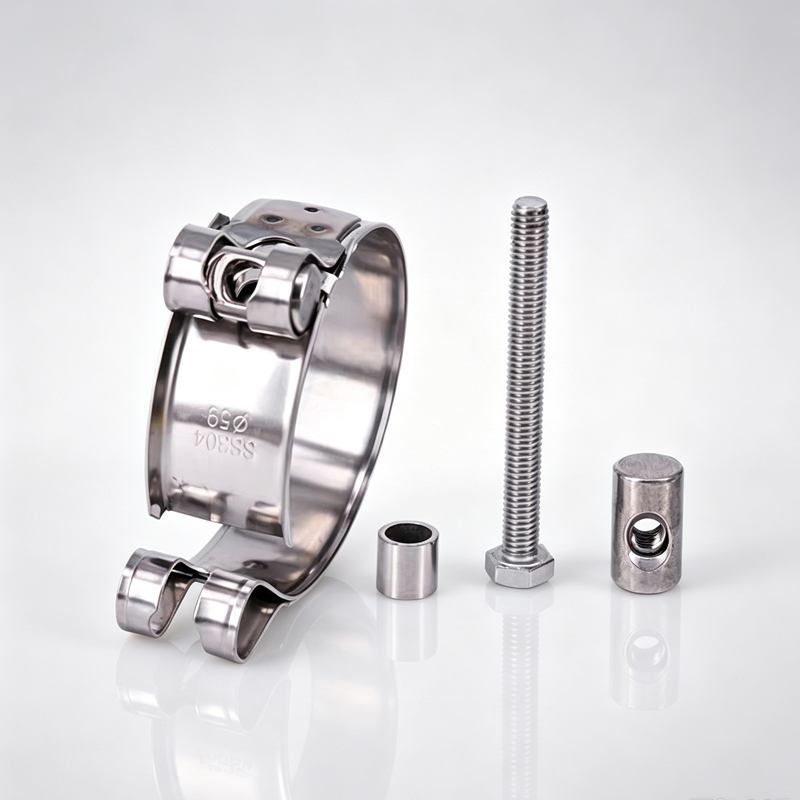High-torque M8 M10 T-bolt, solid trunnions, and thick 304SS band components for zero-leak sealing