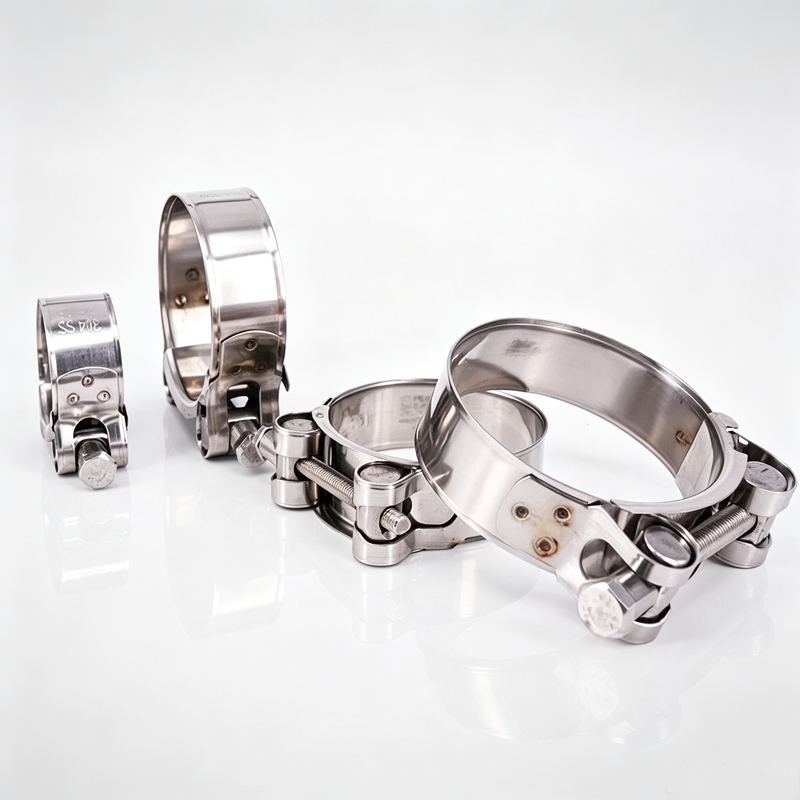 Vibration-resistant 304SS T-bolt hose clamp assembly for powder transfer chutes and vibratory screens