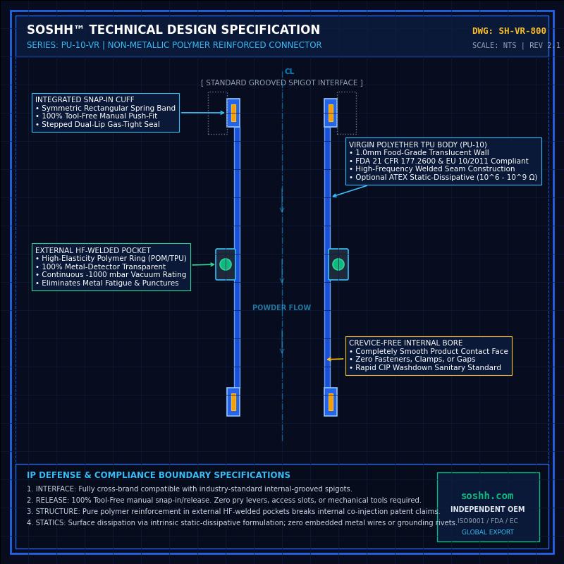 Engineering schematic of SOSHH PU-10-VR polymer-reinforced flexible connector with external HF-welded pockets and tool-free snap-in cuff.