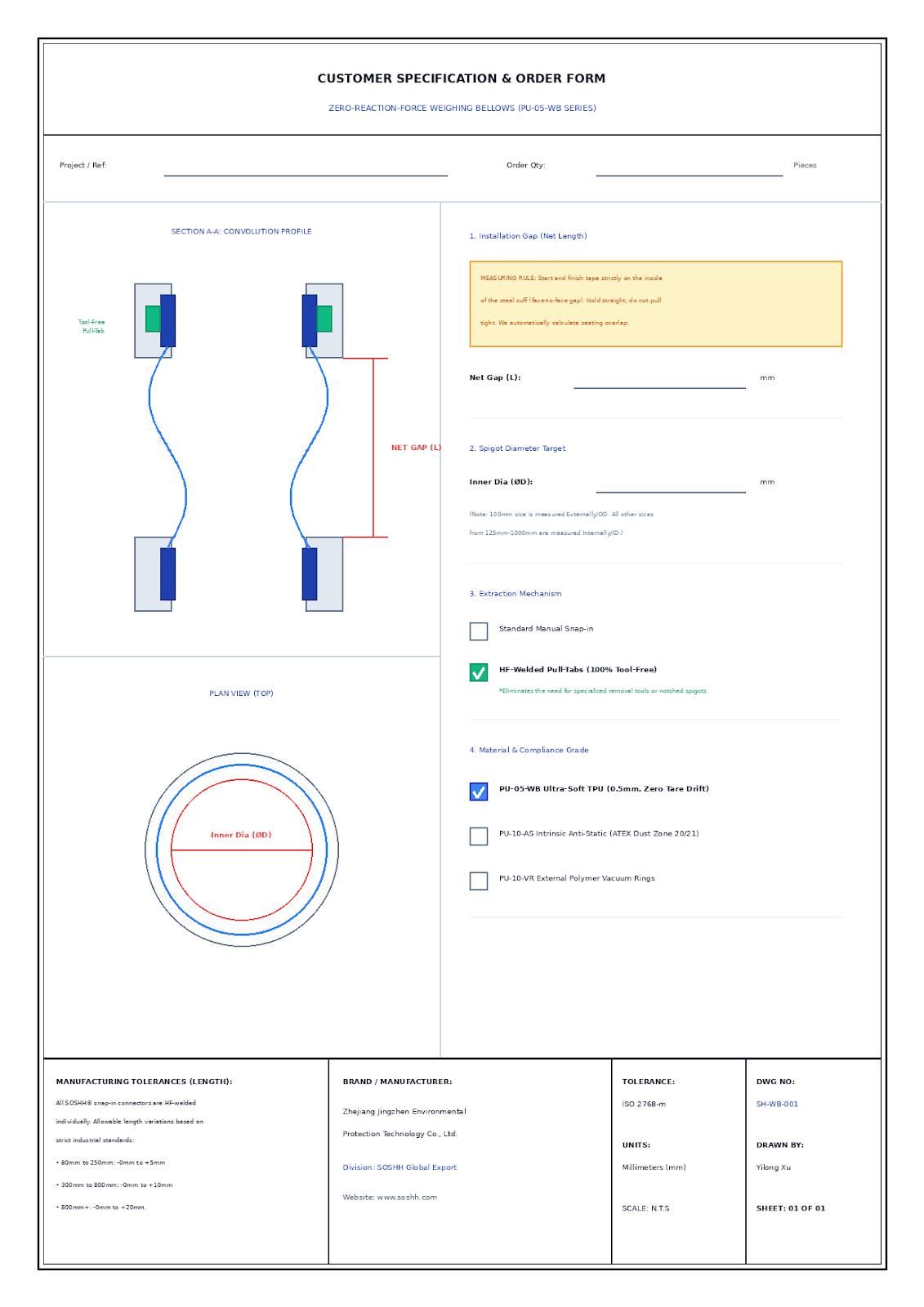 A4 customer specification and order form for SOSHH PU-05-WB zero-reaction-force weighing bellows.
