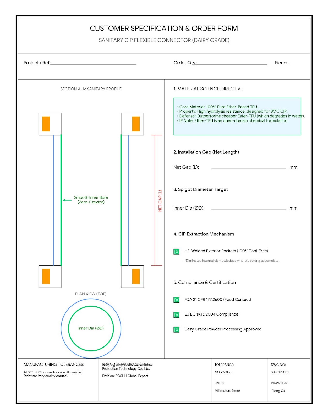 SOSHH sanitary CIP flexible connector technical specification and order form