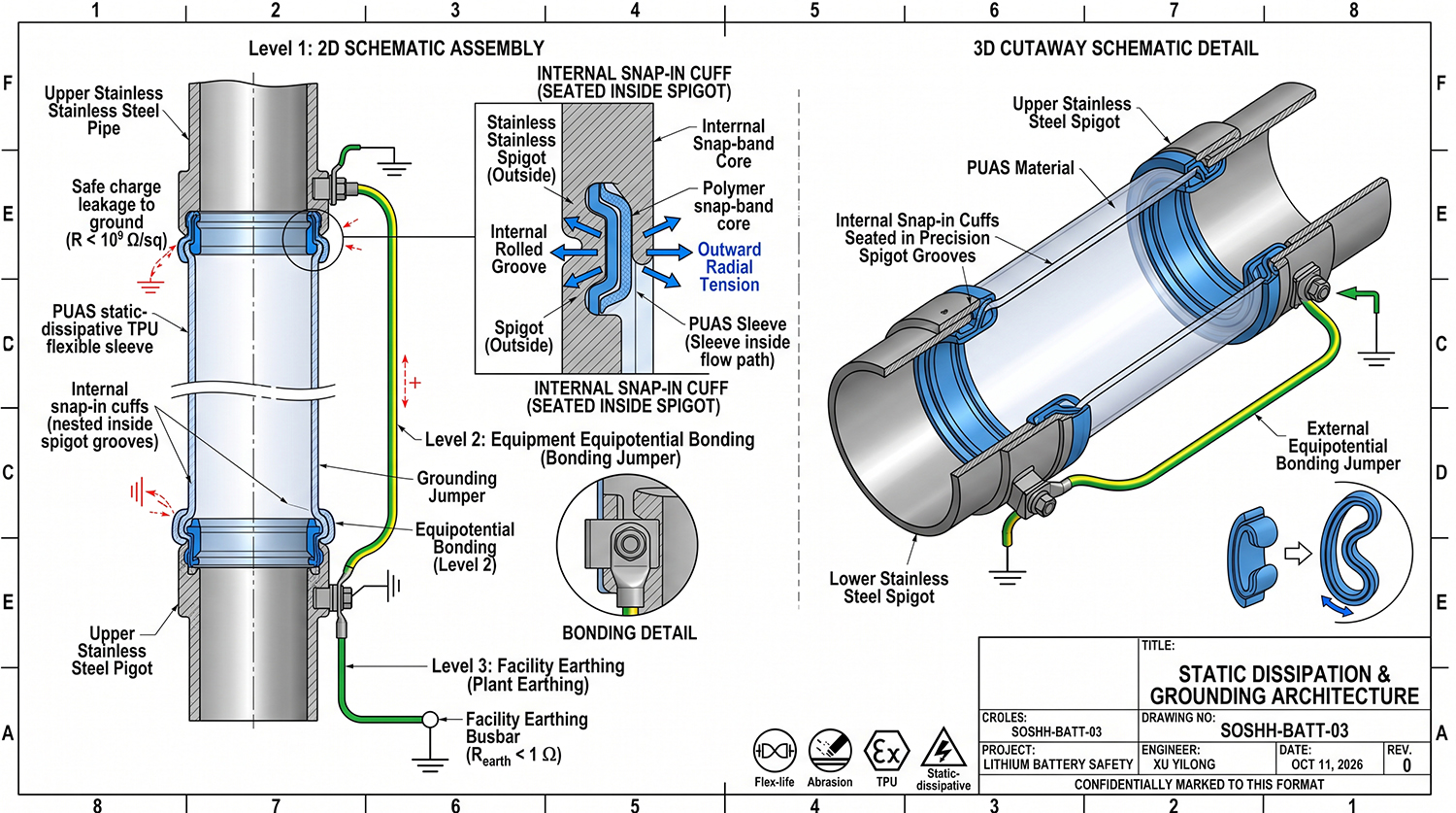 Static-dissipative TPU flexible connector with separate equipment bonding and plant earthing in battery powder handling