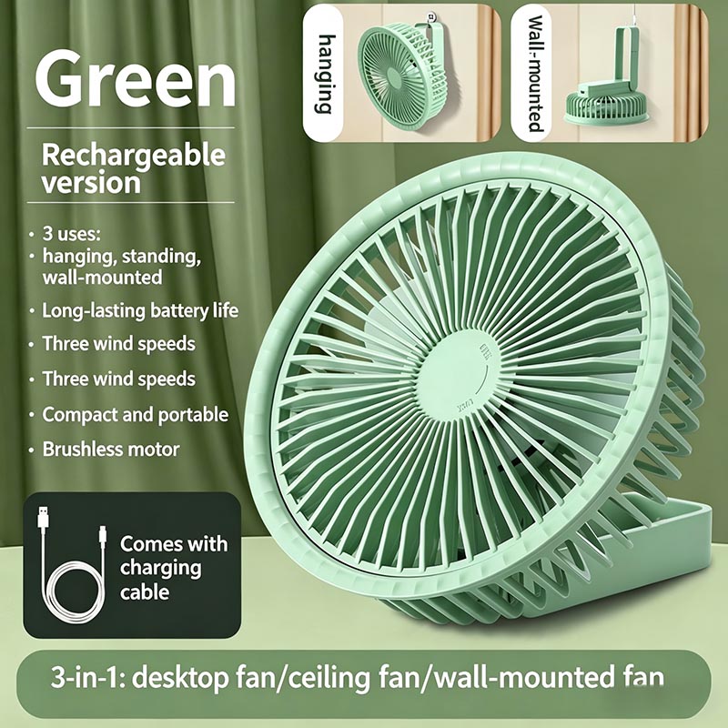 3-in-1 Rechargeable Portable Fan  Multi-Use Desktop Ceiling Wall-Mounted Fan